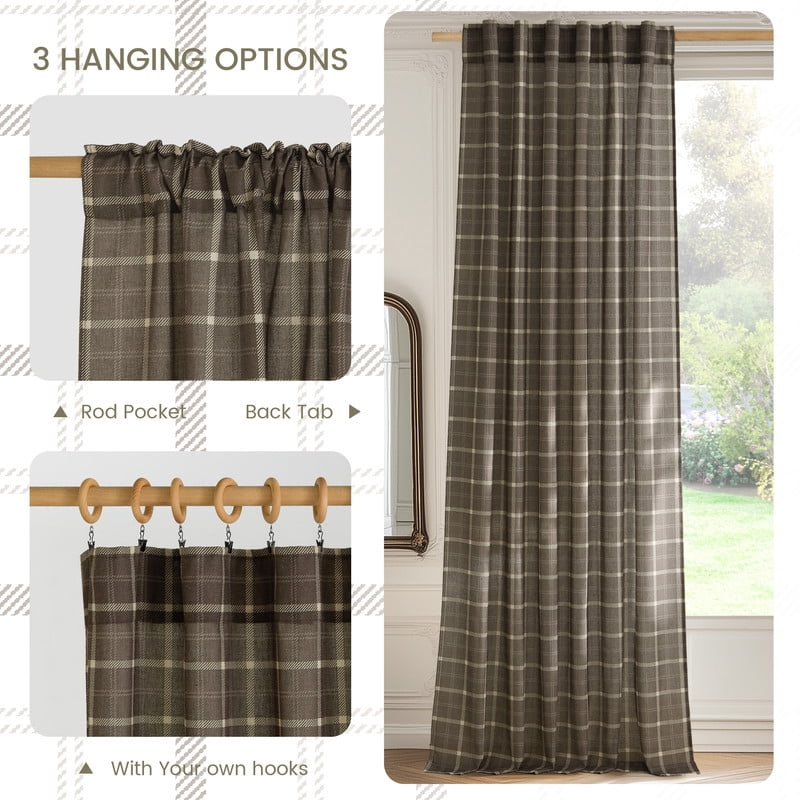 NICETOWN Plaid Curtains 63 inches Long, Linen Grid Pattern Light Filtering Privacy Shade for Kitchen Bedroom, Farmhouse Rod Pocket Back Tab Semi Sheer Curtains, Taupe, 2 Panels