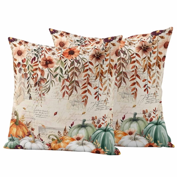 Outdoor Pillow Covers 20 x 20 Inches, Orange Green Pumpkins Fall Waterproof Throw Pillow Cover Set of 2, Thanksgiving Floral Botanical Vintage Decorative Square Cushion Covers for Patio/Tent/Couch