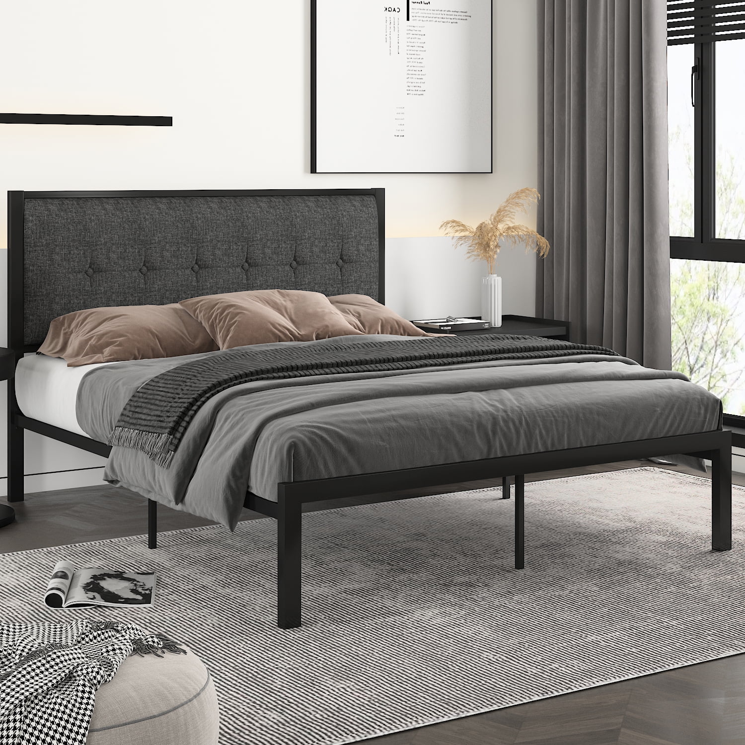 Buy Amolife Queen Size Metal Platform Bed with Upholstered Button