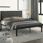 Amolife Queen Size Metal Platform Bed with Upholstered Button Tufted Headboard and 16 Strong Steel Slats, Dark Grey