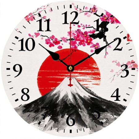 CozyHour 9.84 Inch Japanese Mountain Wall Clock, Sakura Blossom Sunset Round Decorative Clock, Large Easy Read Numbers Analog Clock for Living Room Bedroom Office Home Decor