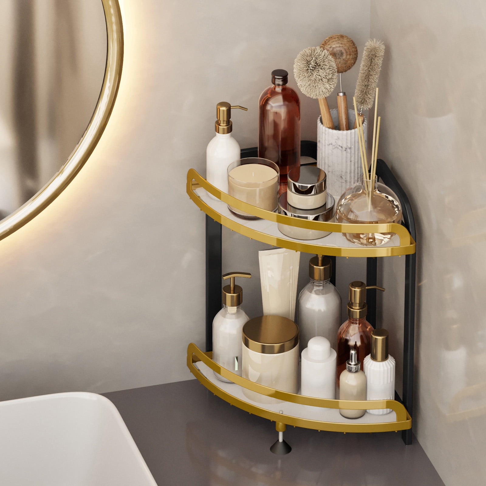 Amacok Corner Bathroom Counter Organizer Metal Bathroom Sink Organizer Countertop, Makeup Organizer for Vanity Storage Corner Skincare Organizers Bathroom Counter Shelf