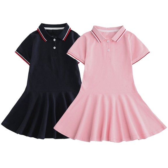 Kureaily Girls Polo Dress Short Sleeve Collared Stripe Button Placket Pleated Skirt Toddler Uniform Dress (Navy)