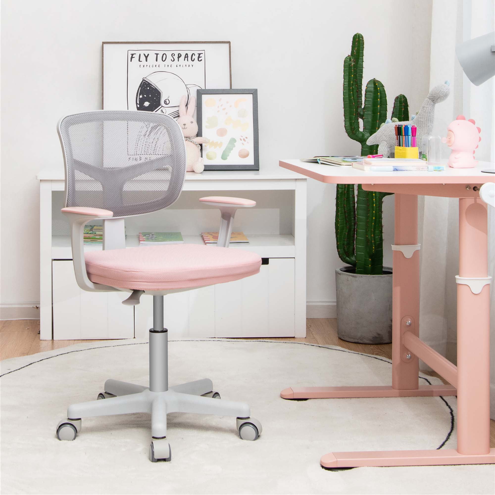 Costway Auto Lock Kids Mesh Chair with Armrests Height Adjustable 360-Degree SwivelPink