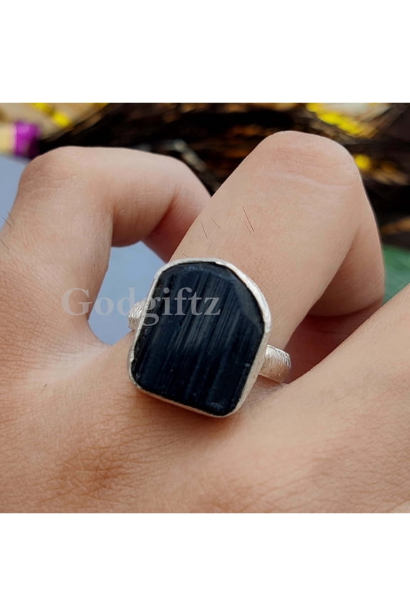 Raw Black Tourmaline Ring: 925 Sterling Silver Handmade Stacking Jewelry