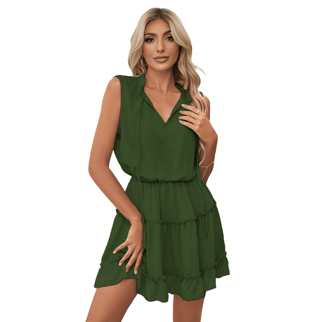 Womens Spring Summer 2025 Sleeveless Split V Neck Ruffle Chiffon Elegant Mini Short Skirt Dresses Green S