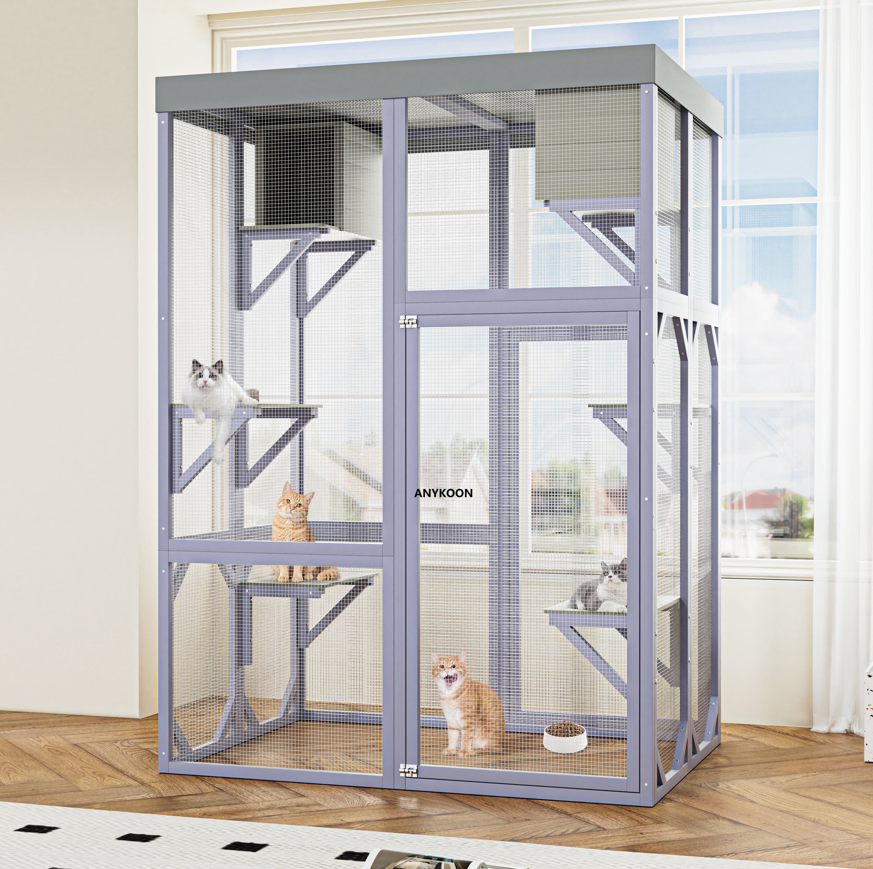 ANYKOON Large Outdoor Cat Enclosure Wooden Catio with 2 Houses & 4 Platforms, Safe Lockable Indoor/Outdoor Cat Cage for Play & Rest