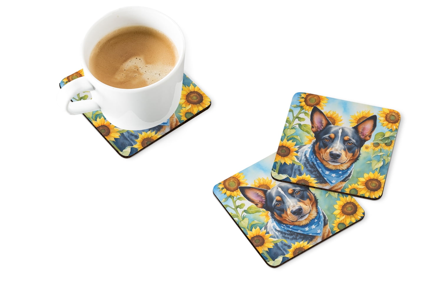 Australian Cattle Dog in Sunflowers Foam Coasters 3.5 in x 3.5 in