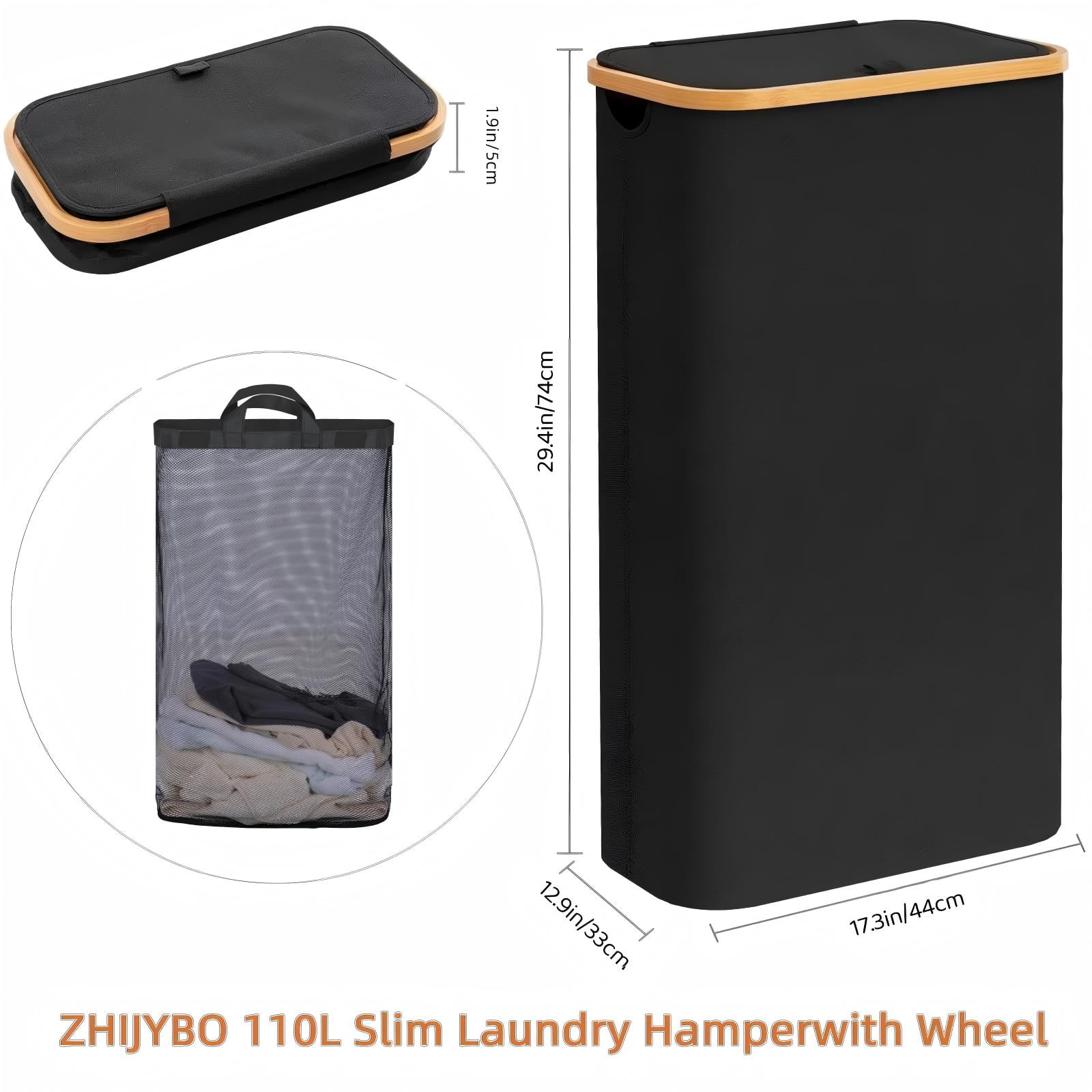 Slim Laundry Hamper with Lid and Wheels, 110L Large Collapsible Laundry Basket, Clothes Hamper with Bag Removable Easy to Carry, Dirty Hampers for Bedroom, Bathroom, Laundry Room-Black
