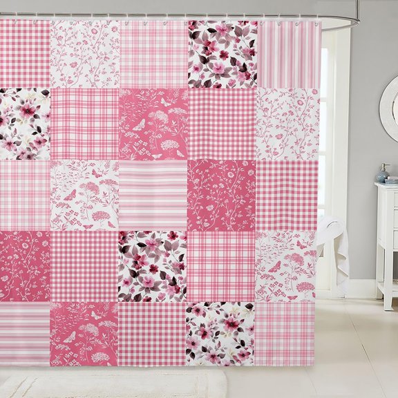 Pink Floral Patchwork Shower Curtain Gingham And Floral Print Fabric Bathroom Decor with Hooks 71x71 inches