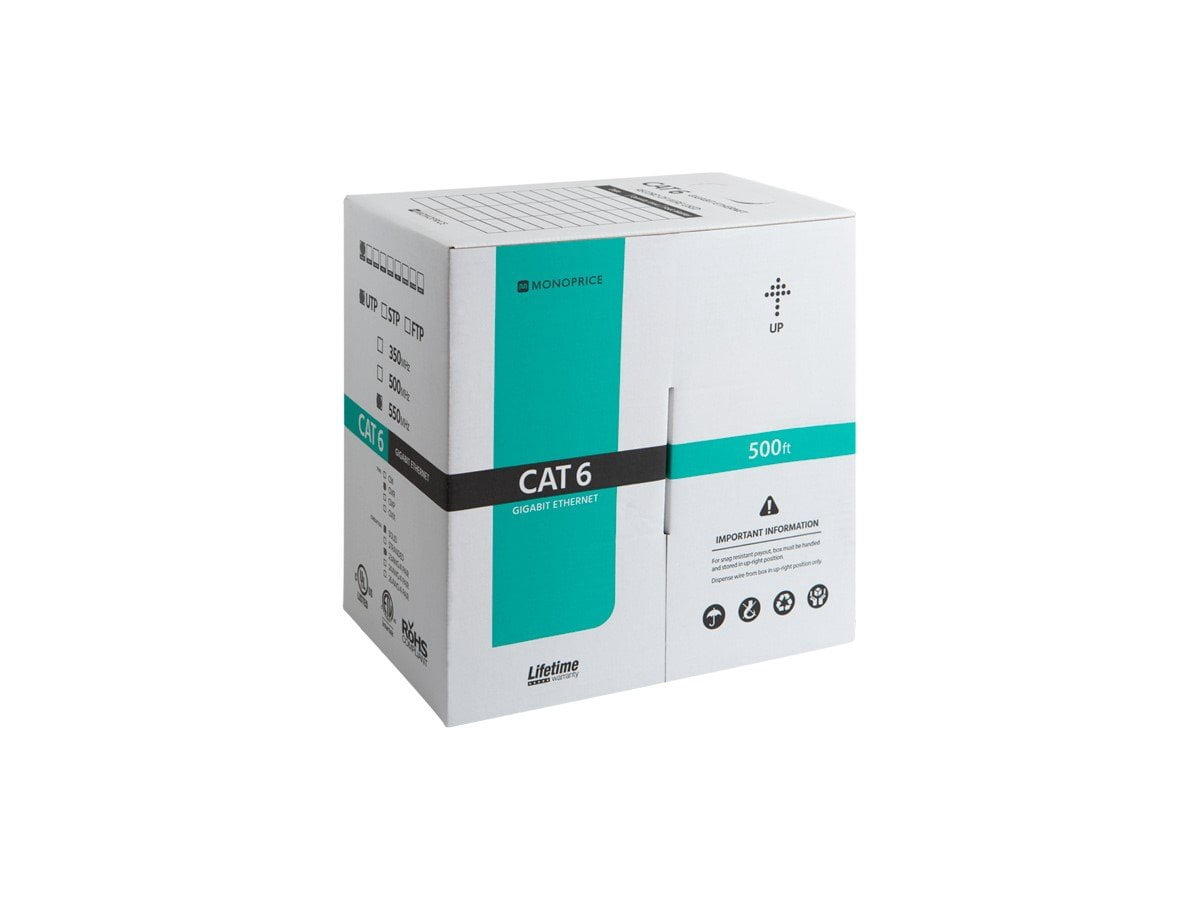 Monoprice Cat6 Ethernet Bulk Cable - 500 Feet - Black, Solid, 550MHz, UTP, CMR, Riser-Rated, Pure Bare Copper Wire, 23AWG (UL)(TAA)
