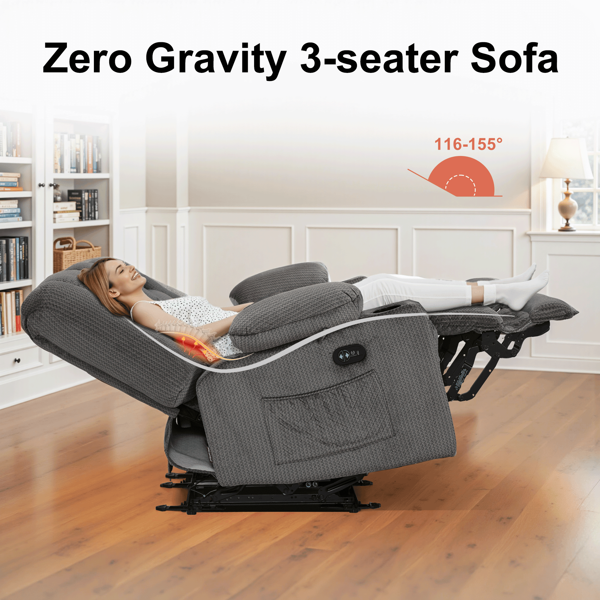 MCombo 3 Seater Zero Gravity Power Reclining Sofa for Living Room, Fabric, Grey