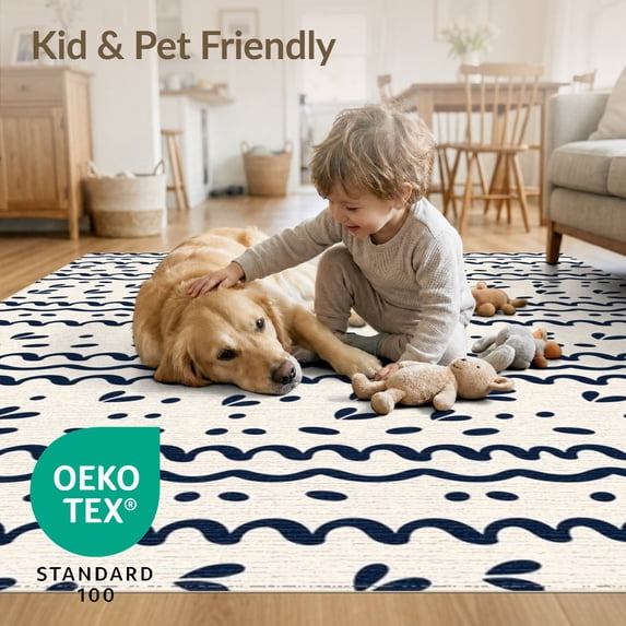 ODIKA 4'x6' Navy Cream Pattern Washable Area Rug Elegant Geometric Stripes with Abstract Motifs Pet Friendly, Non-Shedding for Bedroom, Reading Nook