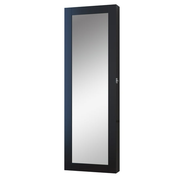 HOMCOM Mirrored Jewelry Cabinet Hanging Wall Mount Real Glass Mirror Locked (Black)