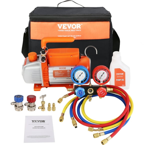 VEVOR 1/4 HP 4 CFM AC Vacuum Pump and Gauge Set, Single Stage Rotary Vane HVAC Air Vacuum Pump A/C Refrigerant Kit Manifold Gauge Set, Applicable to R134a, R410a