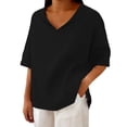 thumbnail image 2 of Womens Tops V Neck Lapel Solid Color Cotton Linen Loose Hooded Top T Shirt Short Sleeve T Shirt, 2 of 6