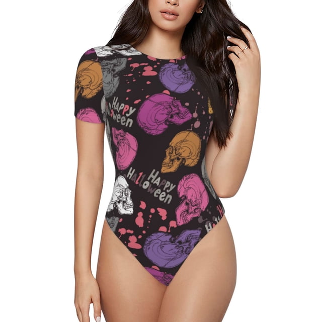 Fotbe Halloween Skeleton Body de Mujer con Cuello Redondo y Mangas Cortas, Sin Mangas Ajustado, Suave, Cómodo y Básico-Large
