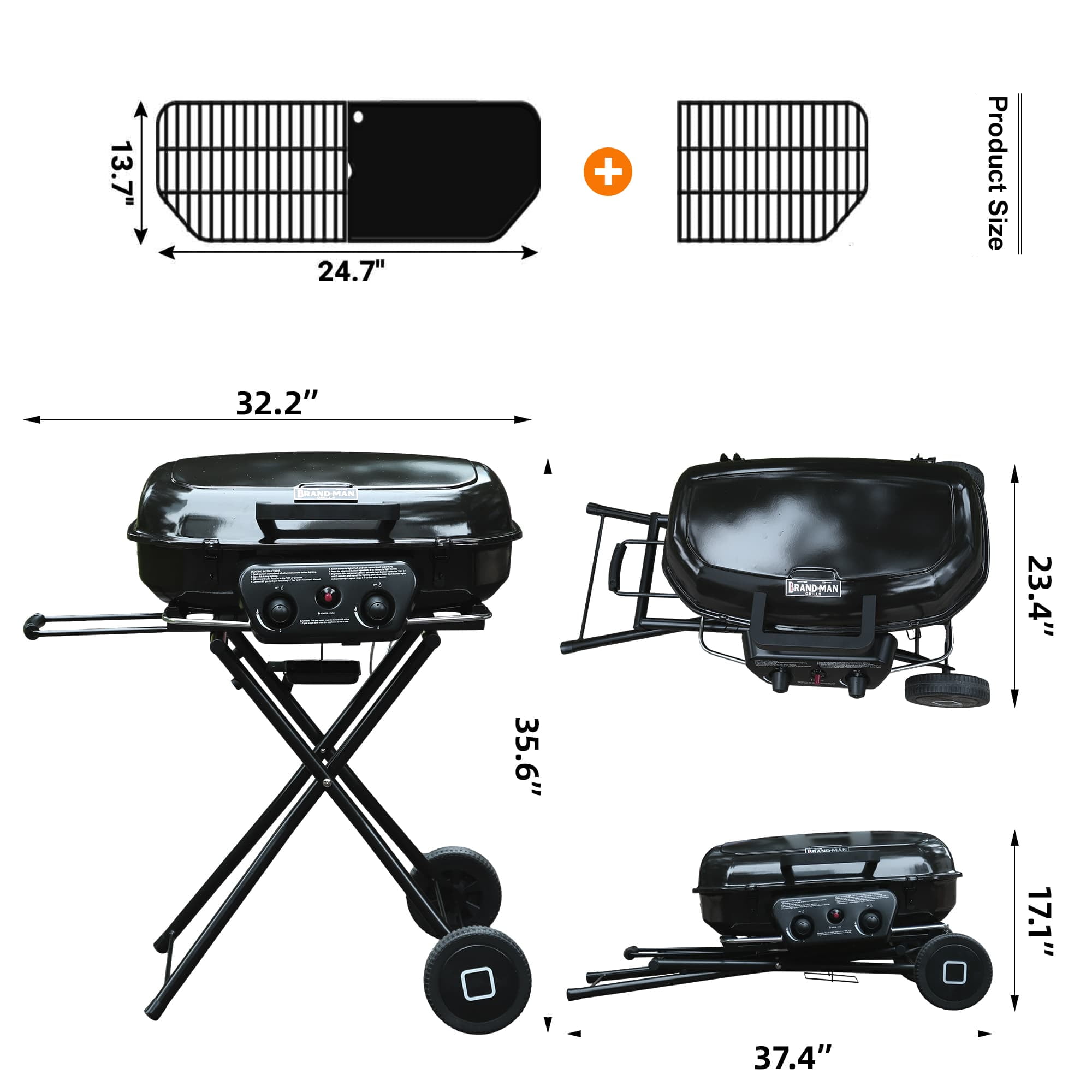 Portable 2-Burner Propane Gas Grill, Foldable and Stand-up for Backyard Cooking - Brand-Man Grills, Black