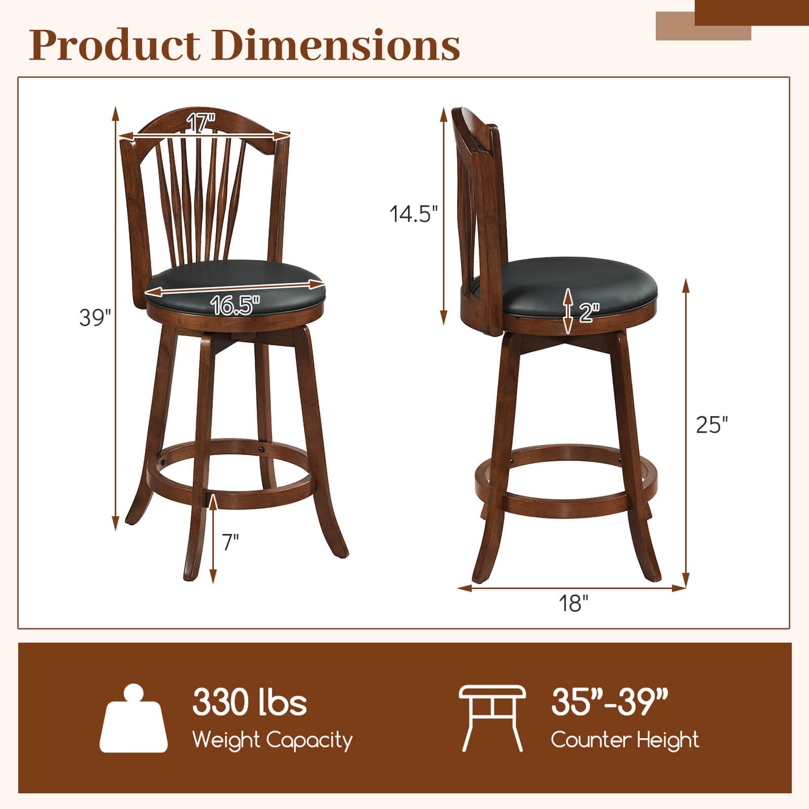 Costway Swivel Bar Stools Set of 4, 25” Counter Height Barstools with Backrests, Wood Frame Brown