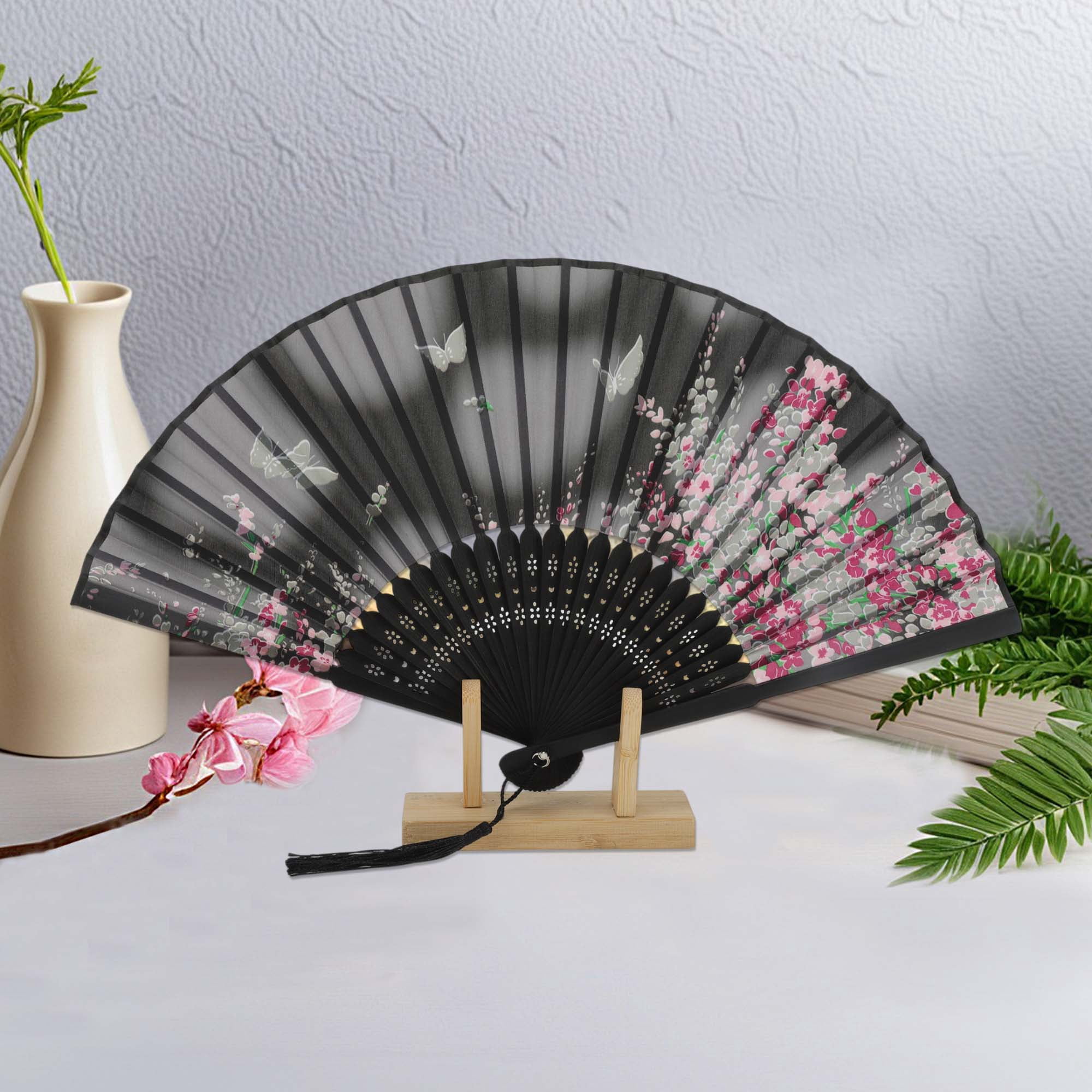 Unique Bargains Ancient Style Folding Fan Gray Black Dreamy Cherry Blossoms Butterflies