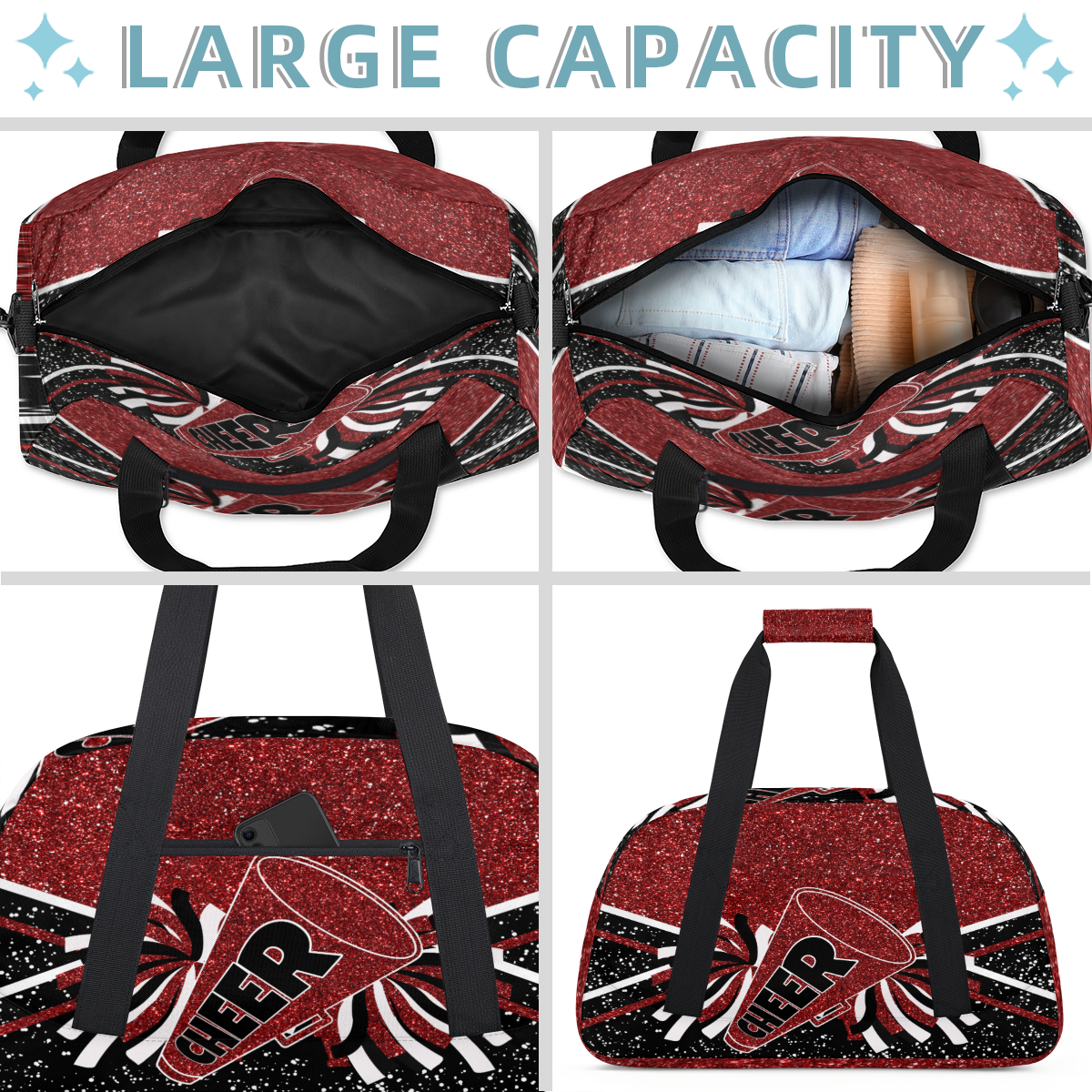 Herdesigns Cheer Bags Overnight Duffel Bags Cheerleading Red Black Sport Gym Bag Travel Bag Travel Waterproof Weekender Bag Carry On Travel Tote Bag Dance Bags