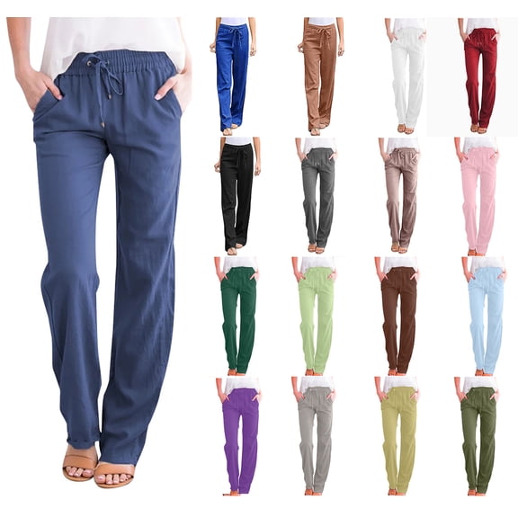 jjayotai Women Casual Cotton and Linen Solid Drawstring Elastic Waist Long Straight Pants