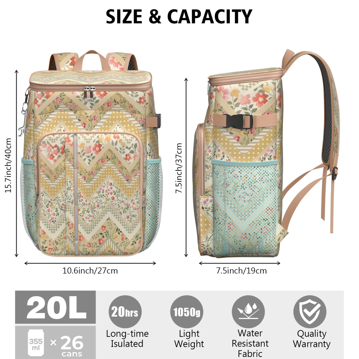 Travel Cooler Bag - Pioneer Flower Floral Print Pattern Camping Beer Cooler Backpack with Bottle Opener- Waterproof Insulated Picnic Backpacks - Cooler Bag for Beach