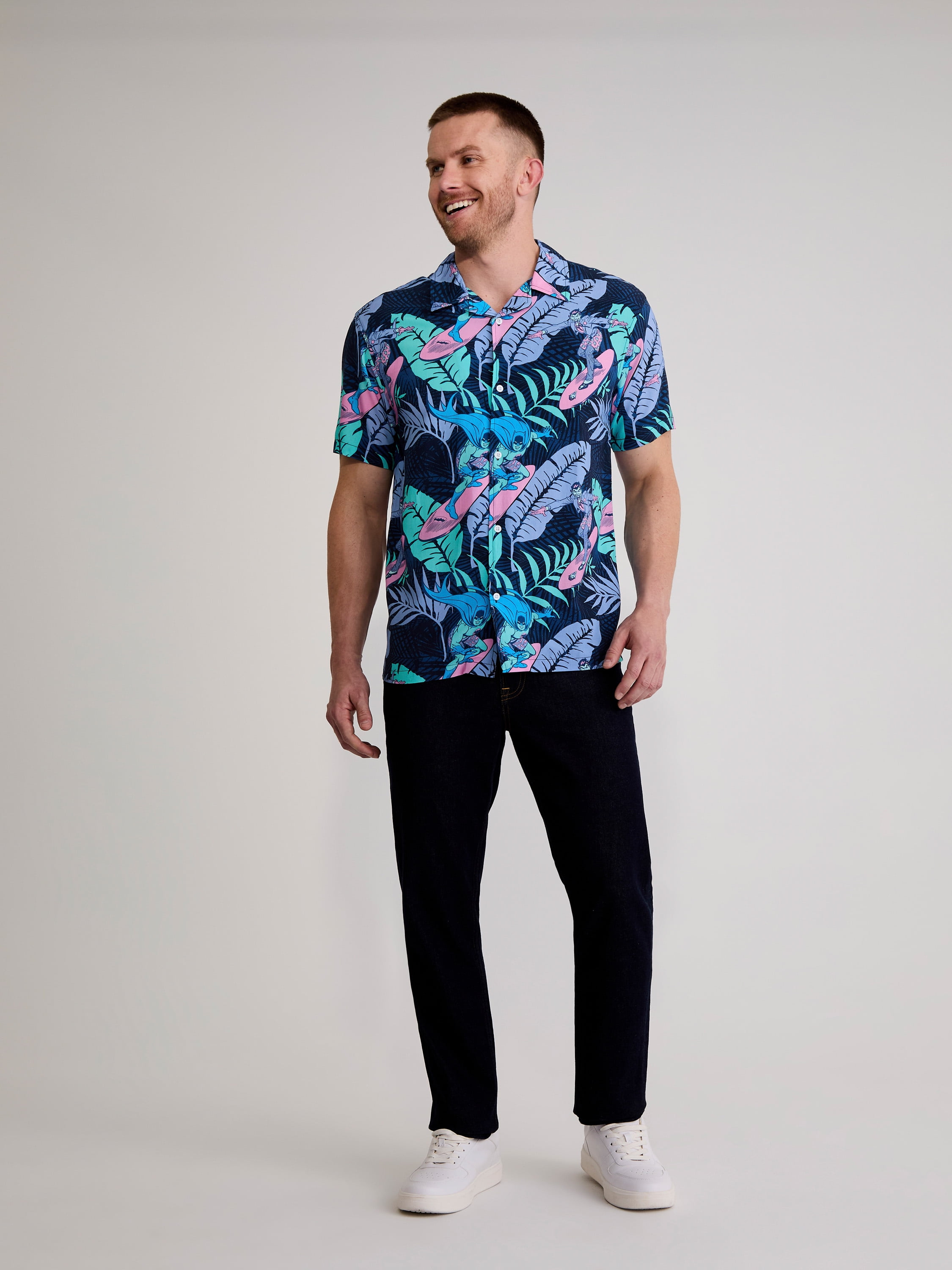 Batman Men's and Big Men's Floral Graphic Button-Up Resort Shirt, Sizes S-3XL