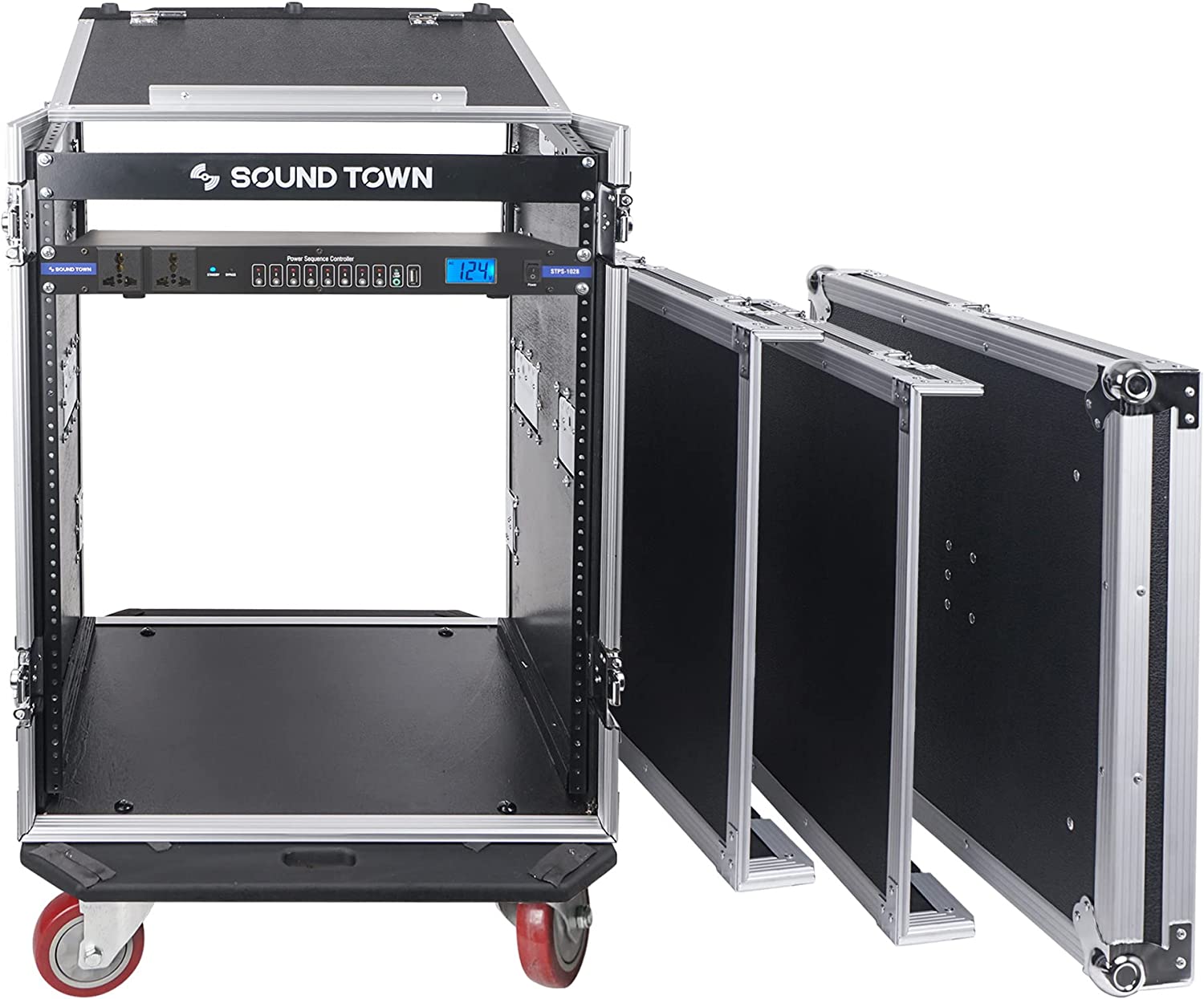 Sound Town PA DJ Combo with 14U Rack/Road ATA Case w/Slant Mixer Top, DJ Work Table, One 10 Outlet AC Power Conditioner/Sequencer (STMR-14TPS10)