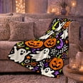 thumbnail image 5 of Smiling Ghosts with Jack O Lanterns and Moons, Checker Star Party Motif Cozy Flannel Blanket, Bright autumn celebration Art for families, 5 of 7