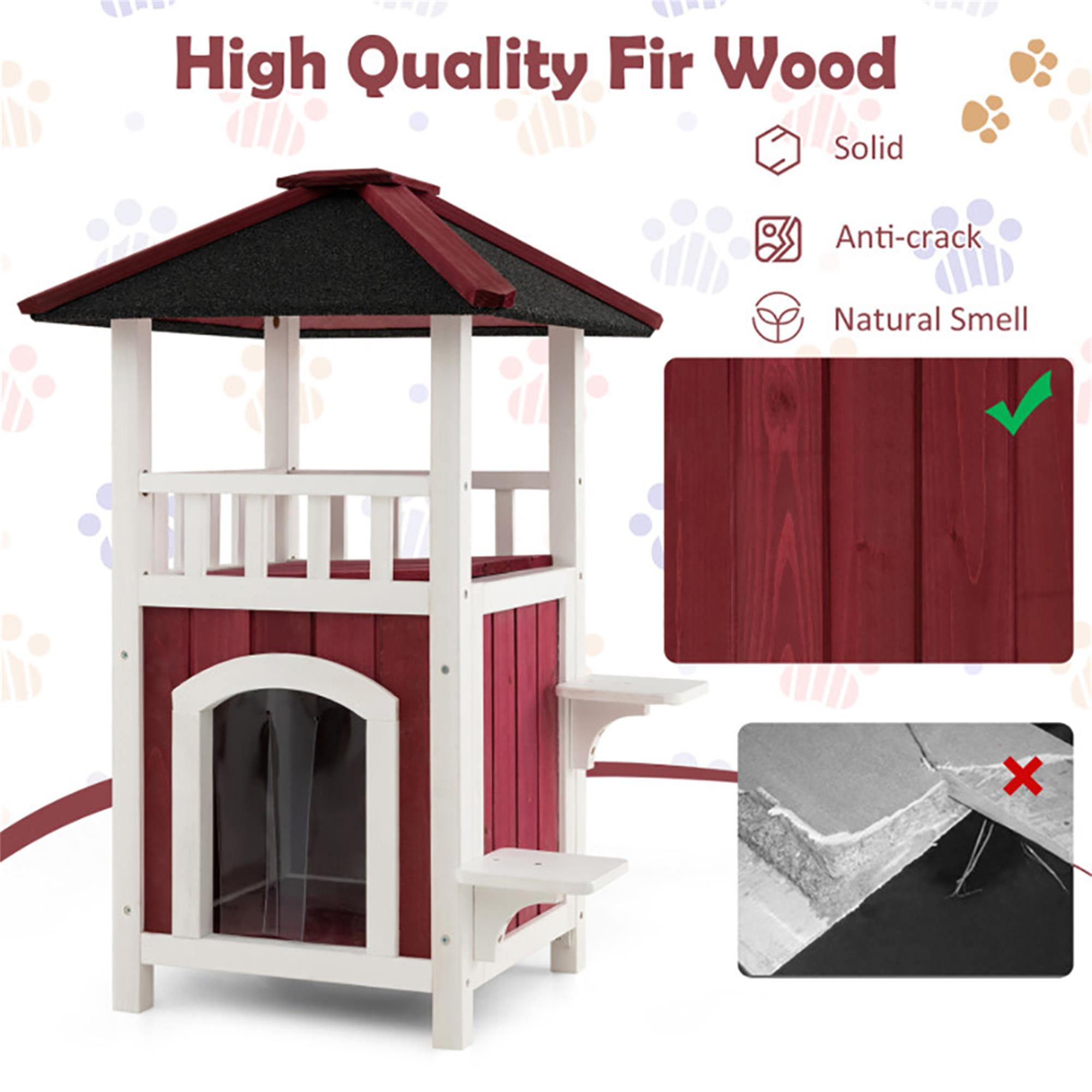 resenkos 34" Feral Cat House, Outdoor Cat Shelter with Asphalt Roof Balcony, Rainproof Outside Kitty Condo with Rain Curtain, Red