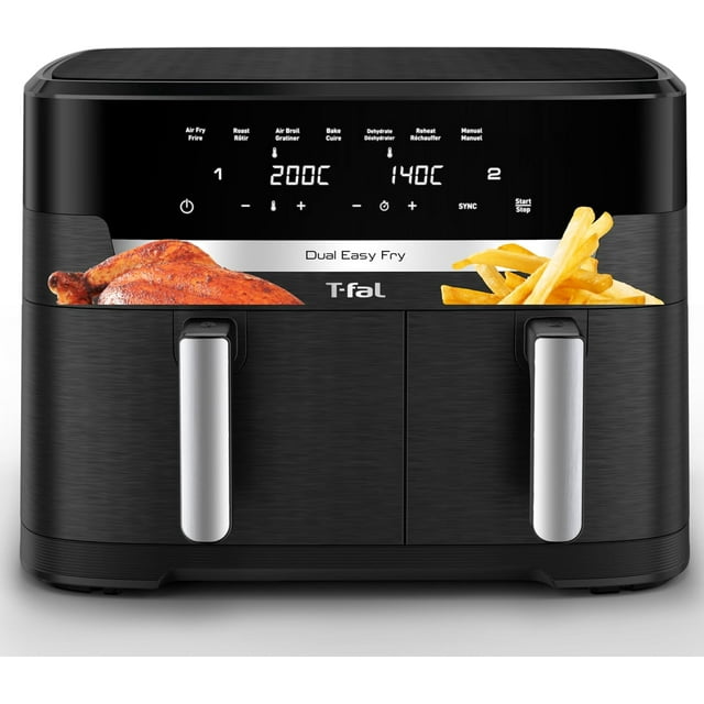 T-fal Friteuse à Air Chaud Double TTG, 11,6 Pintes, 7 Programmes de Cuisson en 1, Friteuse à Air à Double Panier, Friteuse à Air, extra Croustillante, Rôtir, Cuire, Réchauffer, Déshydrater, mode Synchronisation, Composants Lavables au Lave-Vaisselle, Noir