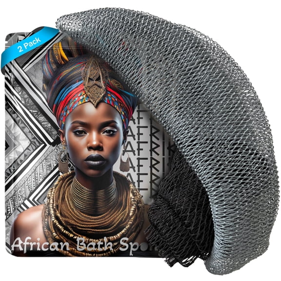 African Net Sponge, Premium Authentic Exfoliating Body Scrubber, Extra Long Stretch Bath Sponge for Shower, Deep Exfoliating Washcloth for Smooth Skin, 2 Pack (Black & Slate)