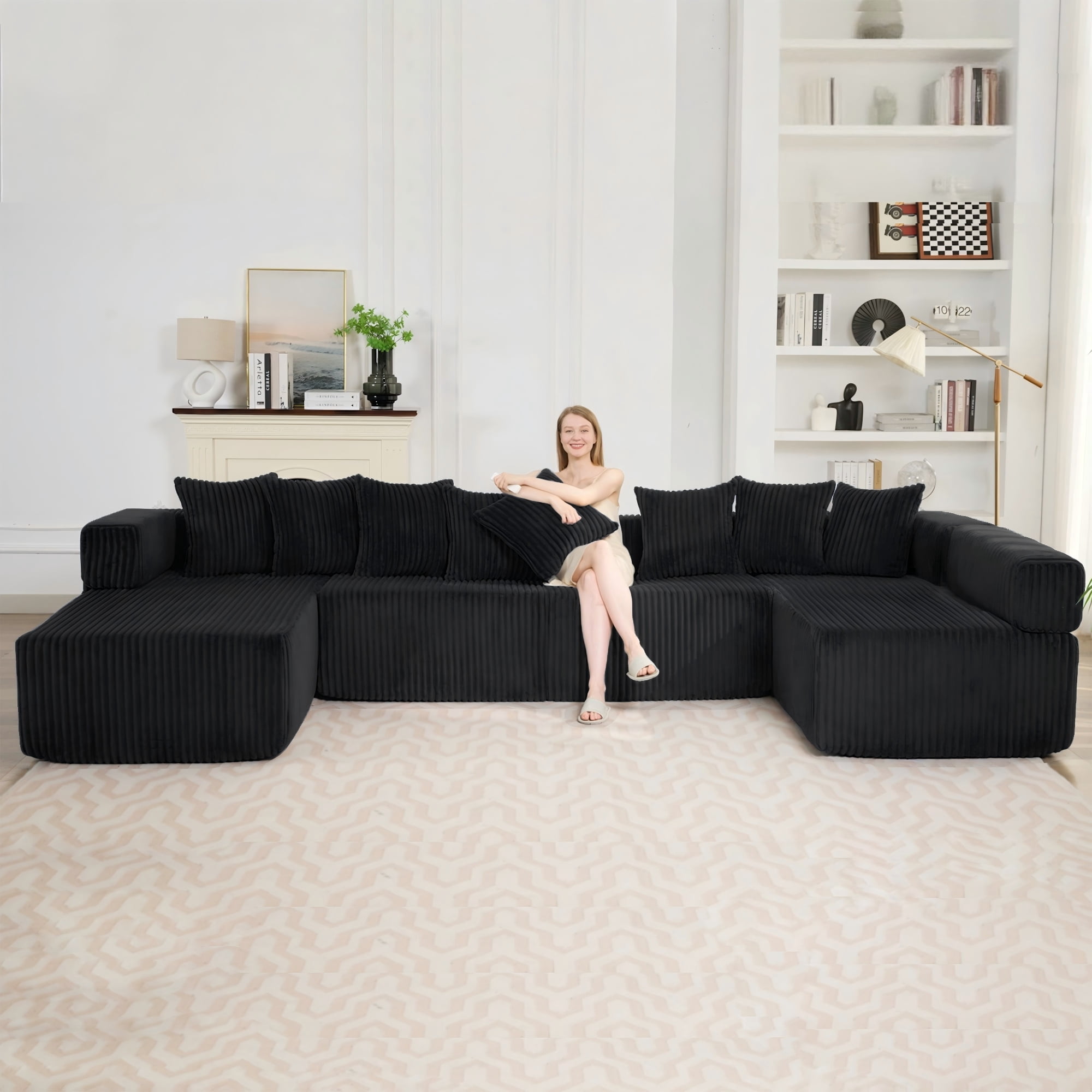 LLappuil 146" Sectional Sofa, U Shaped Sectional Couch with Chaise, 5 Seat Corduroy Sofa Convertible Sleeper Sofa Bed for Living Room Black