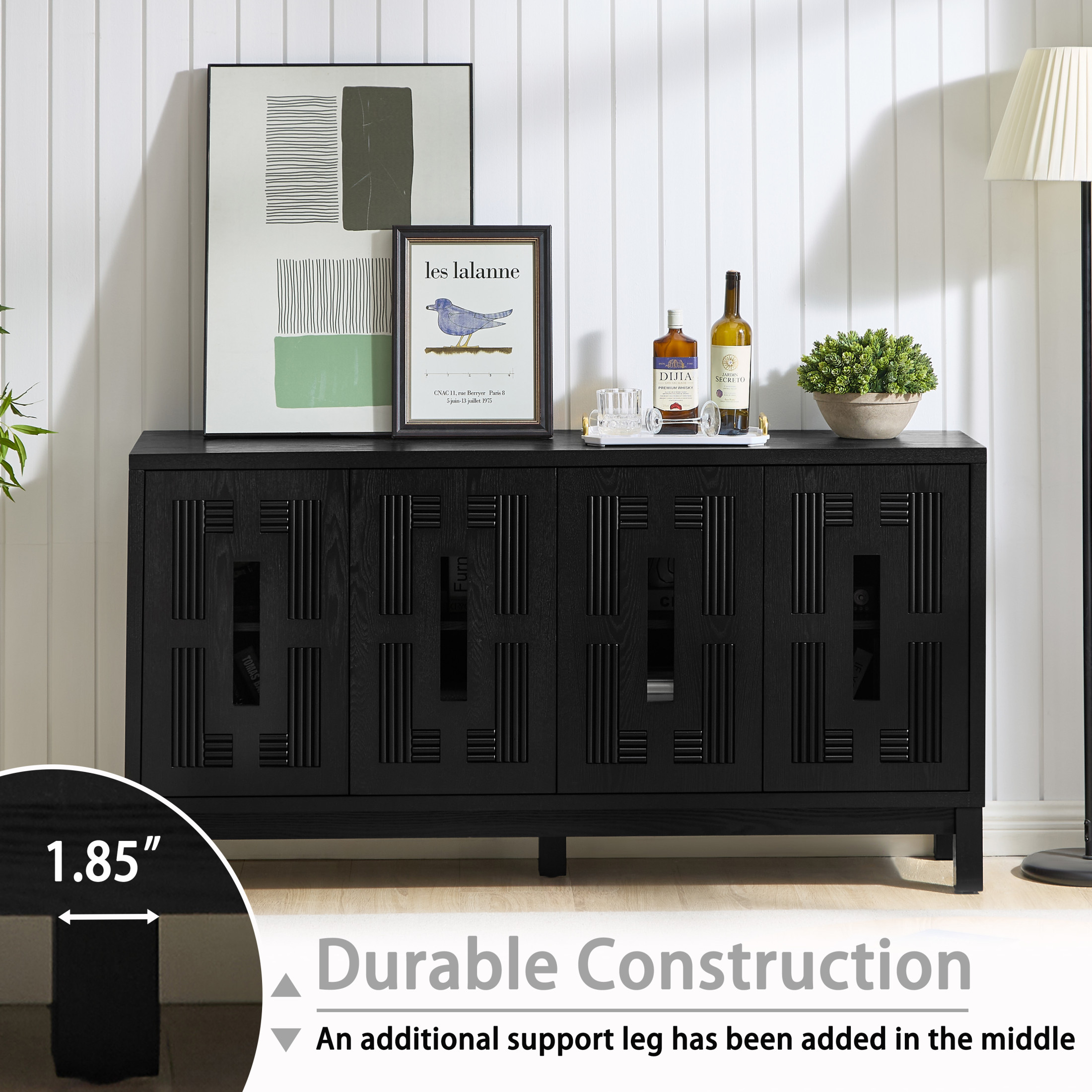 GDF Studio 60.7" Mid Century Modern Sideboard Cabinet with 4 Doors, Adjustable Shelves, Carved Openwork, Black