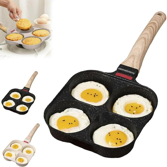 Non Stick Egg Frying Pan 4 Holes Skillet with Handle 4 Egg Frying Pan Nonstick Wooden Handle Mini Muffin Eggs Cooker Pancake Nonstick Griddle for Gas Stove and Induction Cookware