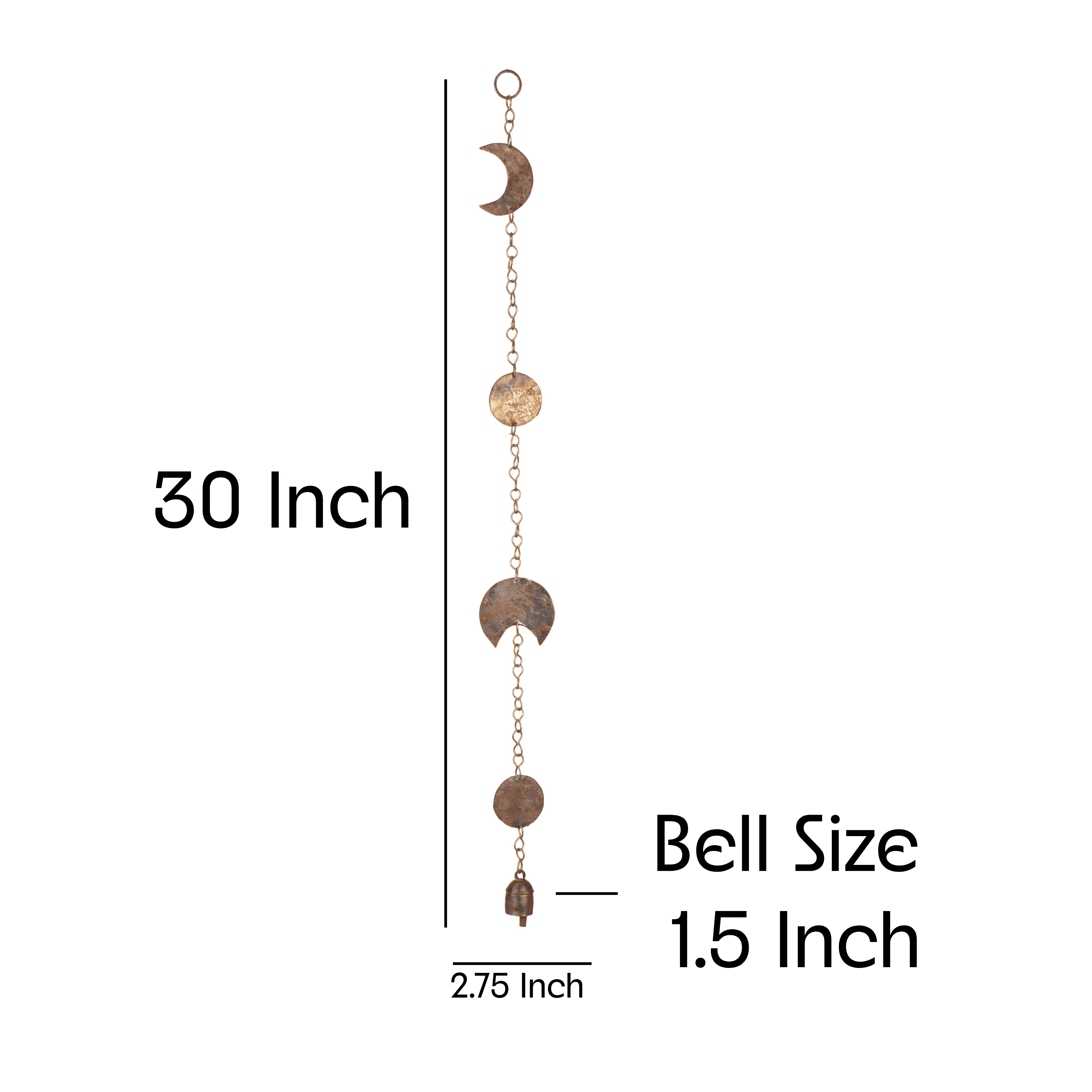 Moon Phase Hanging with Rustic Bell – 30 Inch Hammered Metal Wind Chime for Bedroom, Dorm, or Living Room – Boho Gold Celestial Decor for Cottagecore, Astrology Lovers, and Lunar-Inspired Spaces