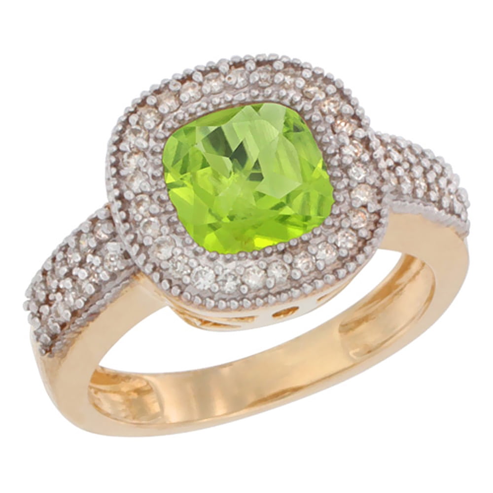 14K Yellow Gold Natural Peridot Ring Cushion-cut 7x7mm Diamond Accent, size 5 by Gabriella Gold