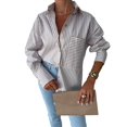 thumbnail image 3 of Womens Button Down Striped Shirts Long Sleeve Casual Collared Office Business Work Spring Blouses Tops Khaki M, 3 of 8