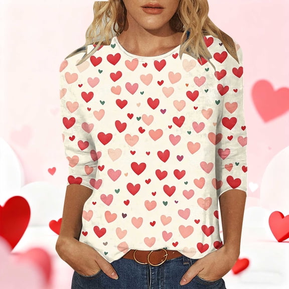 Valentines Womens 3/4 Sleeve Shirts Heart Graphic Crew Neck Tops Casual Cute Pattern Comfy Tee Festival Funny Soft Fashion Stylish T Shirt Gift for Women