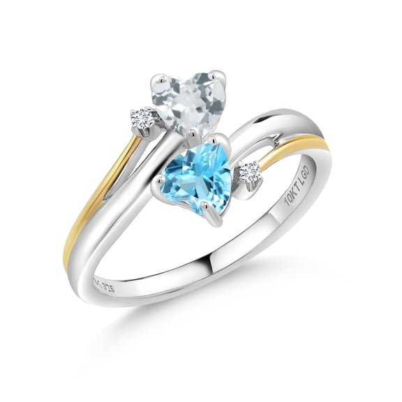 Gem Stone King 0.99 Ct Sky Blue Aquamarine Swiss Blue Topaz 925 Silver and 10K Yellow Gold Lab Grown Diamond 2 Heart Promise Couple Engagement Mother Ring (Size 9)
