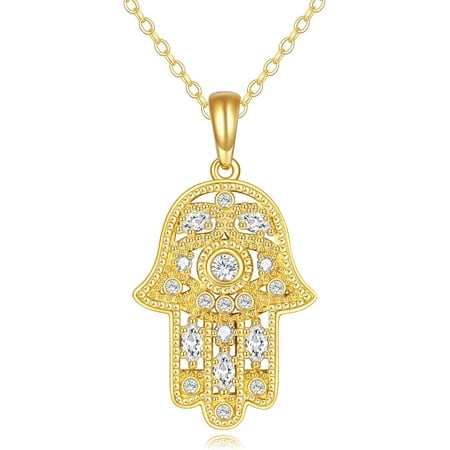 XATENJE 14k Yellow Gold Hamsa Hand Necklace Moissanite Hamsa Hand of Fatima Pendant Necklace Hamsa Hand Jewelry Gifts for Women