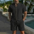 thumbnail image 7 of BLTIBY Mens Linen Outfits 2 Piece Set Casual Short Sleeve Button Down V Neck Shirts Loose Drawstring Shorts Soft Beach Vacation Loungwear Black L, 7 of 7