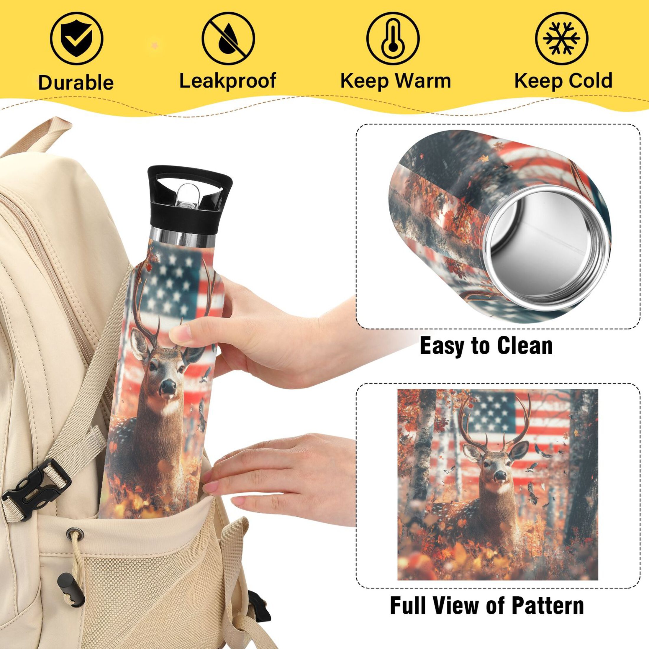 Kids Insulated Stainless Steel Sports Water Bottle 600ml (20oz), BPA-Free Realistic Deer
