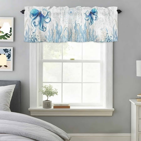Curtain Valance for Windows Watercolor Marine Creature Kitchen Valances Rod Pocket Short Curtains Ocean Octopus Jellyfish Starfish Window Valance for Bedroom Bathroom Living room 42x18in