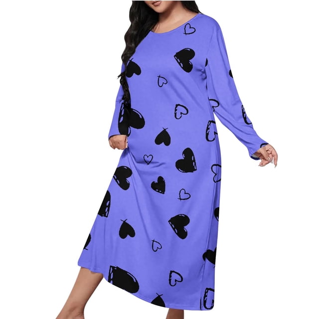 Chemises de Nuit Oversize pour Femmes, Douces et Confortables, Robe de Pyjama à Manches Longues, Mignonne Imprimée, Maxi Ample, Grande Taille (Bleu1#, 2TG)