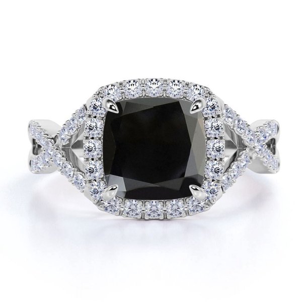 Anillo de Compromiso JeenMata Halo de 4 Puntas Moissanita y Diamantes Negros Lab Corte Cojín 1,2 TCW