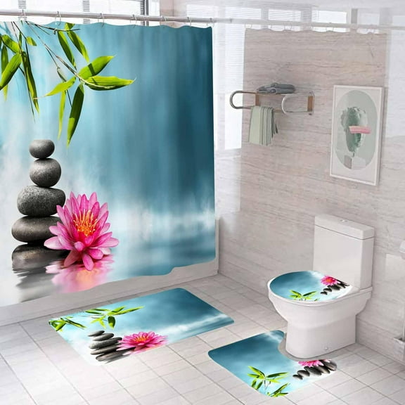4PCS Zen Spa Shower Curtain Sets With Rugs, Waterproof Fabric Blue Green Shower Curtain, Black Stone Green Bamboo Inspirational Quotes Yoga Massage Relaxing Spiritual Meditation Bathroom Decor