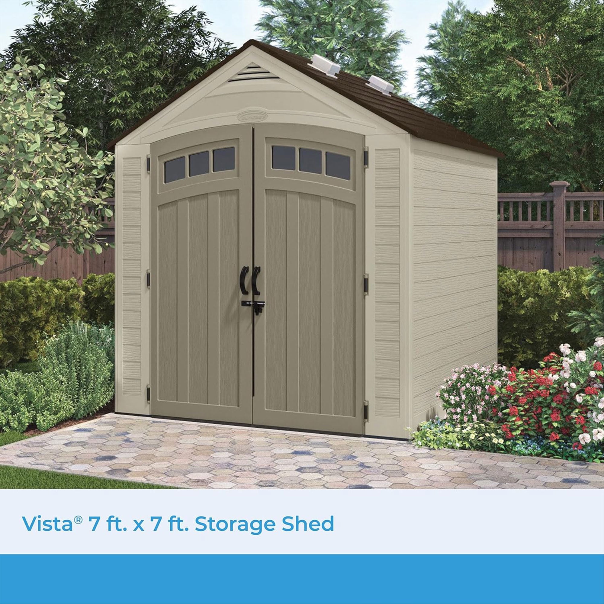 Suncast Vista 7 x 7 ft. Storage Shed for Gardening Tools, Light Cobblestone