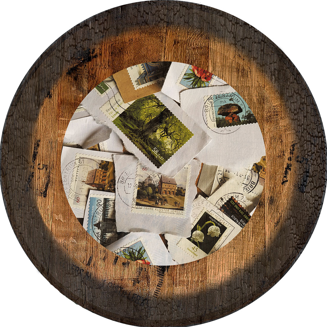 Stamp Collection Pub Sign Large Oak Whiskey Barrel Wood Wall Decor